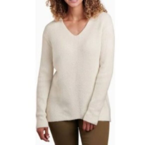 Kuhl Cream Makenna Knit V-Neck Long Sleeve Boxy Pullover Sweater M - Picture 1 of 9